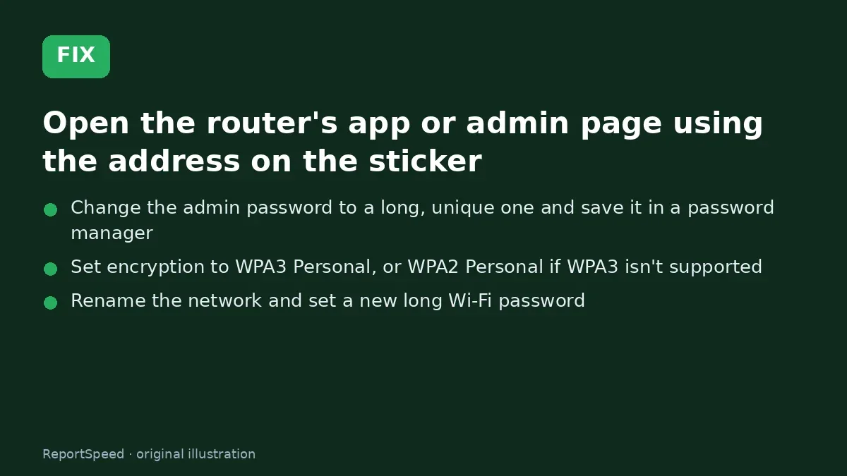 Fix steps: Open the router's app or admin page using the address on…; Change the admin password to a long; Set encryption to WPA3 Personal