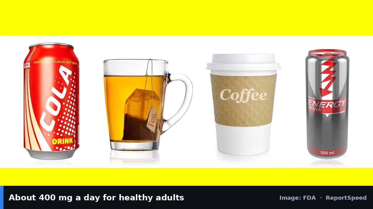 FDA caffeinated drinks graphic (FDA official image), annotated: About 400 mg a day for healthy adults