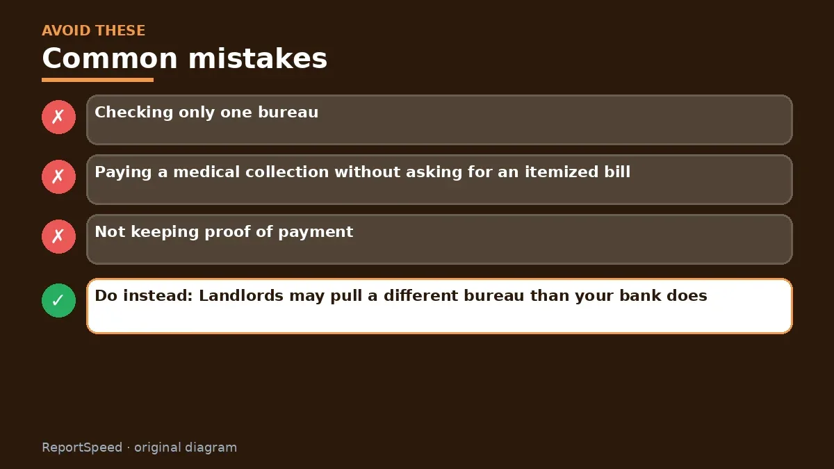 Callout graphic of common mistakes to avoid and what to do instead for Does medical debt show up on my credit report