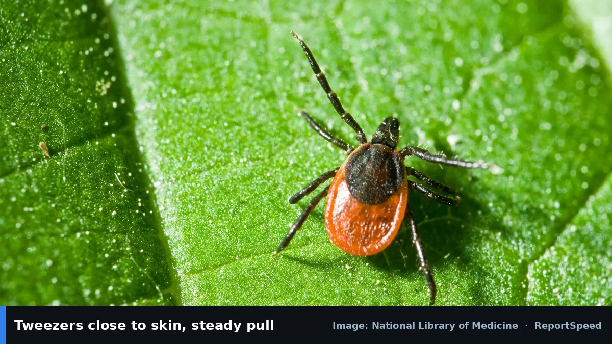 MedlinePlus tick on a leaf (National Library of Medicine official image), annotated: Tweezers close to skin, steady pull