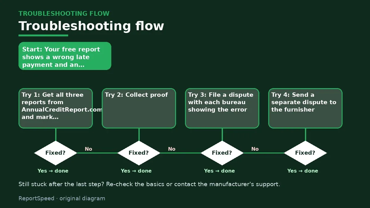 Troubleshooting flowchart: try each step in order and stop when it is fixed — Found an error on my credit report