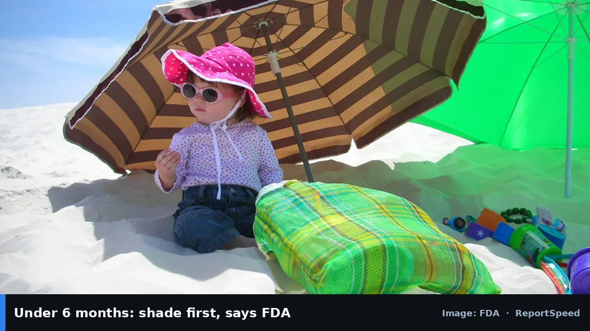 FDA photo of a baby in a sun hat under a beach umbrella (FDA official image), annotated: Under 6 months: shade first, says FDA