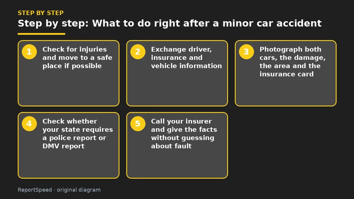 Step illustration: numbered steps for What to do right after a minor car accident