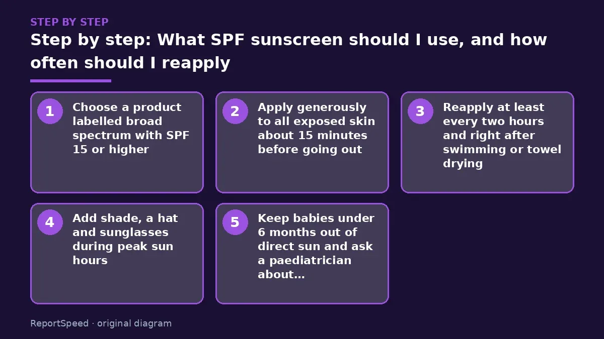 Step illustration: numbered steps for What SPF sunscreen should I use, and how often should I reapply