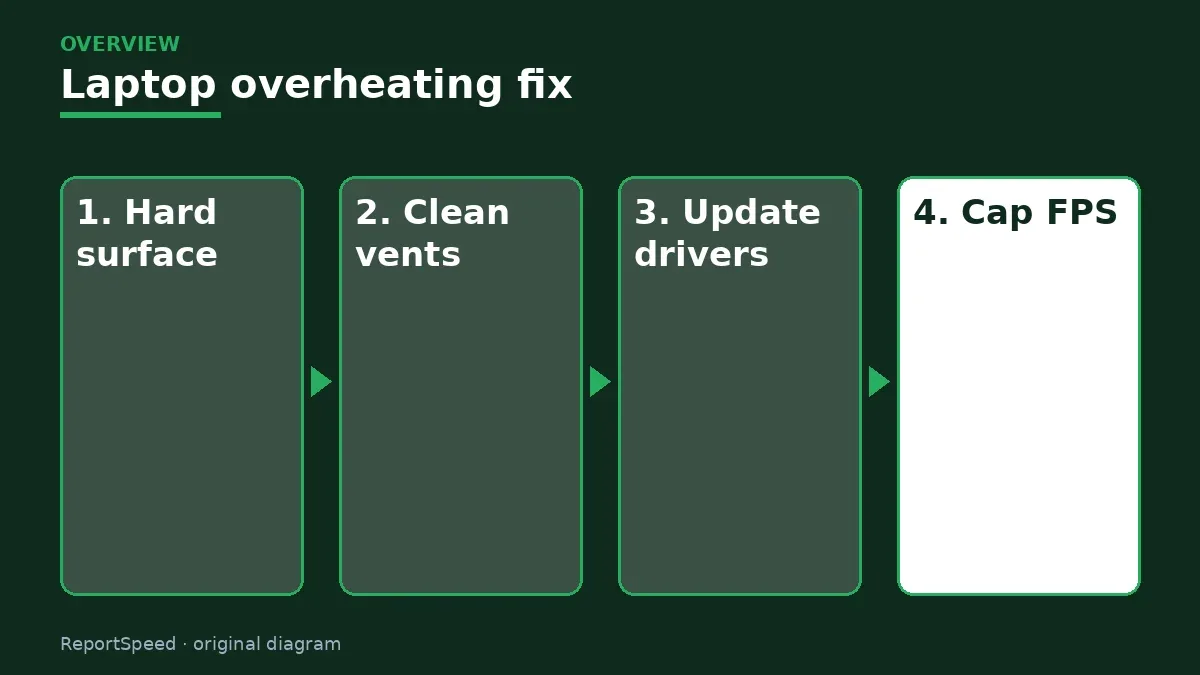 Overview diagram: Laptop overheating fix — Hard surface; Clean vents; Update drivers; Cap FPS
