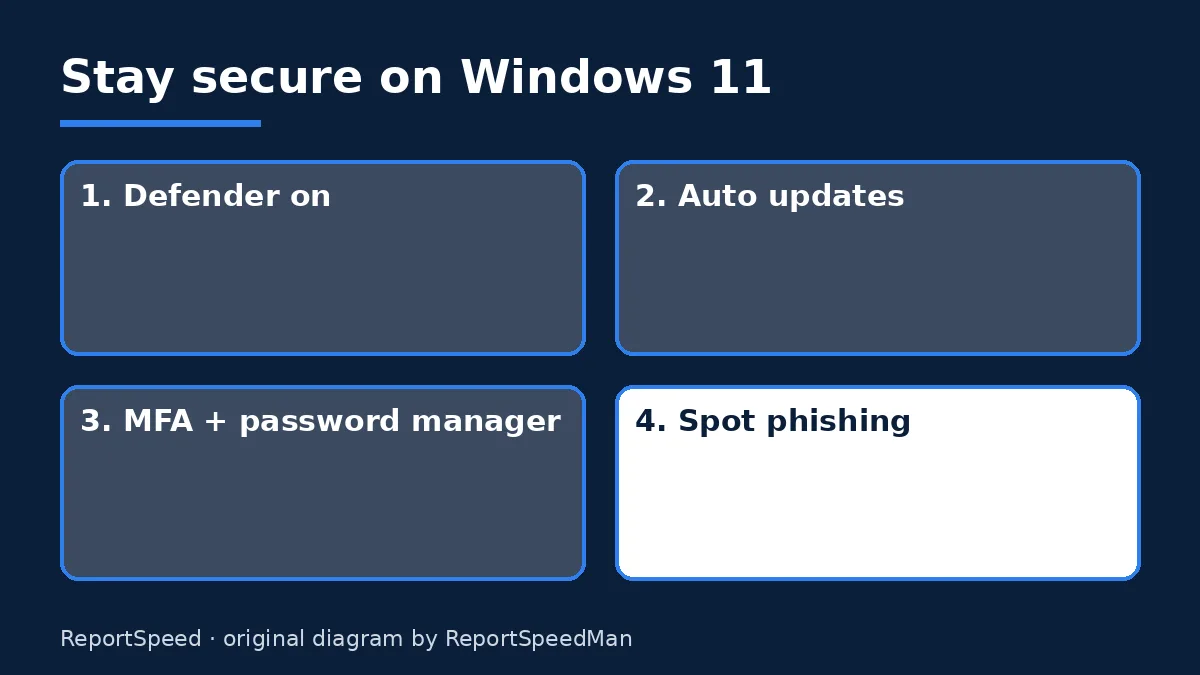 Diagram: Stay secure on Windows 11 — Defender on; Auto updates; MFA + password manager; Spot phishing