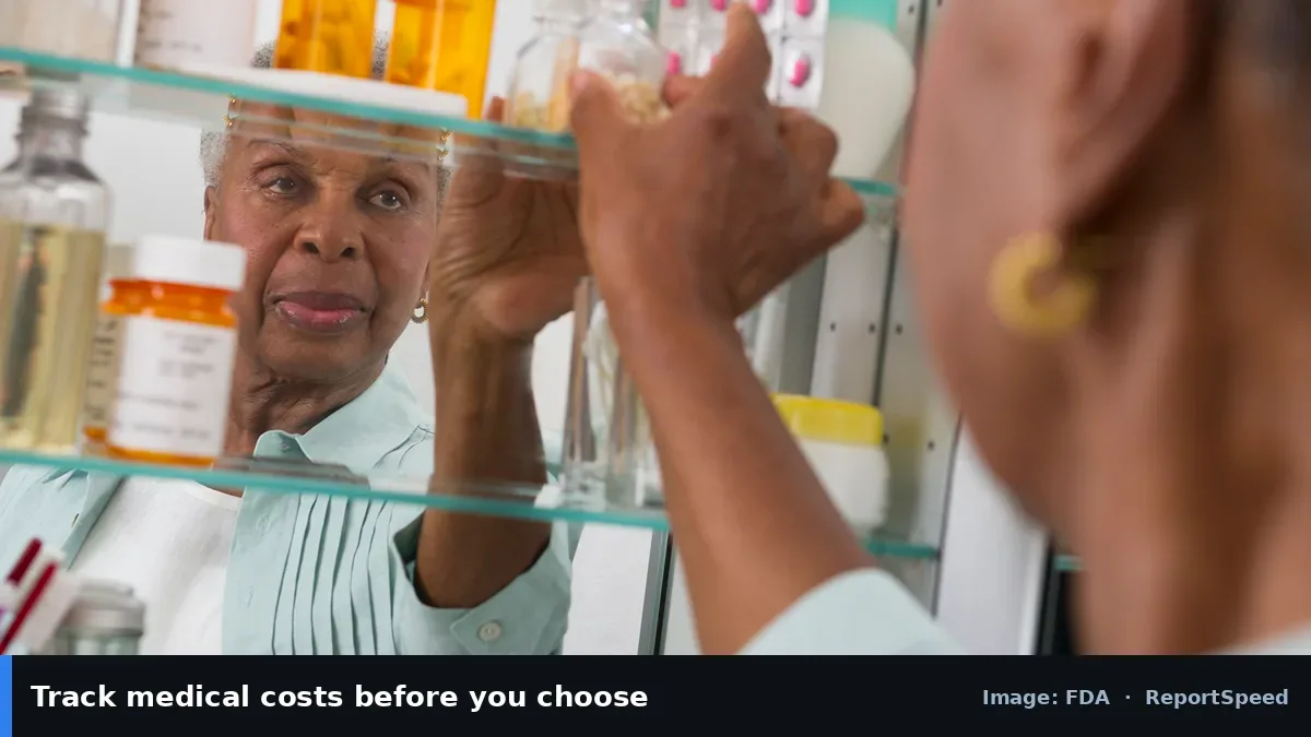 FDA photo of a woman at a medicine cabinet (FDA official image), annotated: Track medical costs before you choose