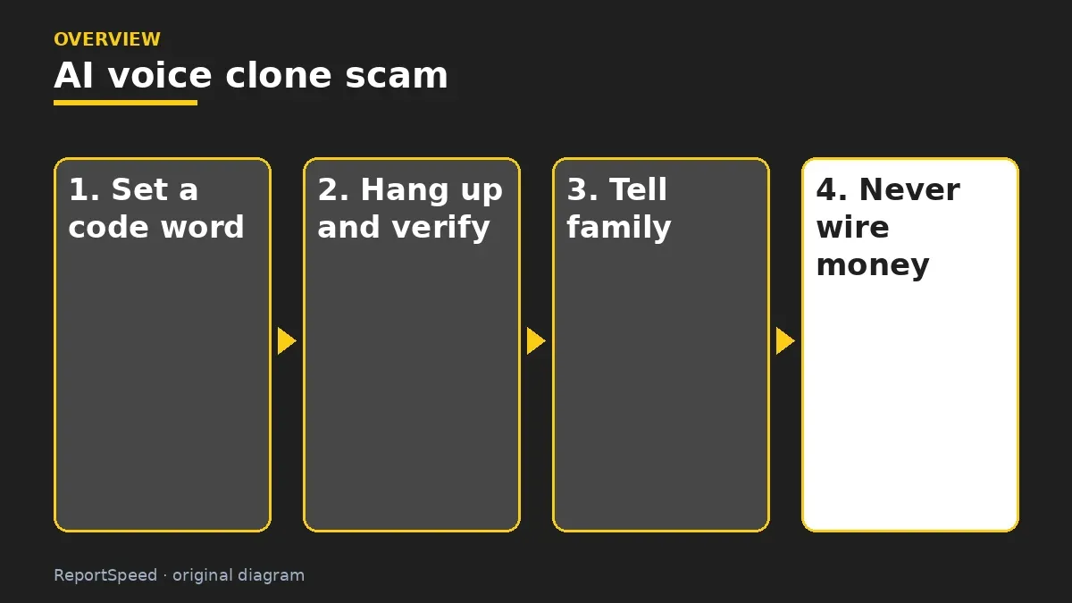 Overview diagram: AI voice clone scam — Set a code word; Hang up and verify; Tell family; Never wire money