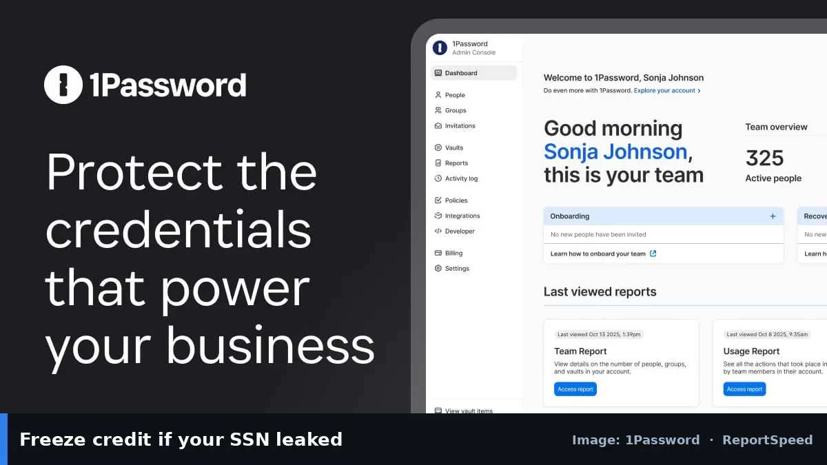 1Password app dashboard (1Password official image), annotated: Freeze credit if your SSN leaked