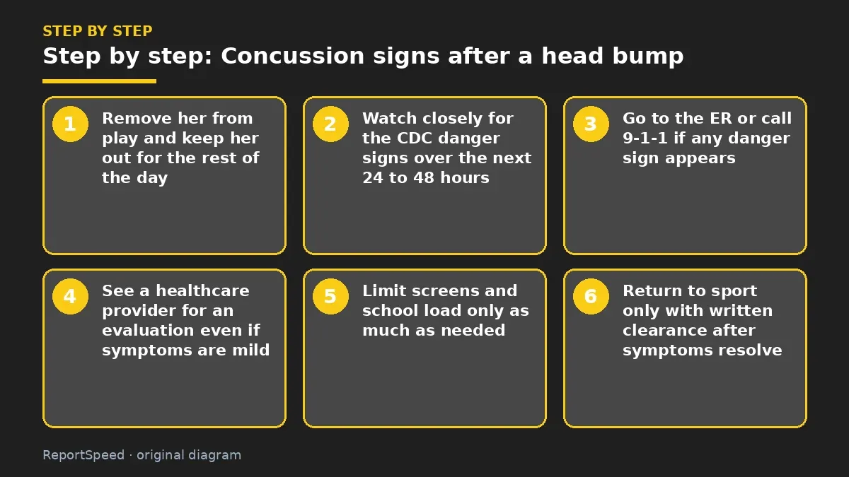 Step illustration: numbered steps for Concussion signs after a head bump