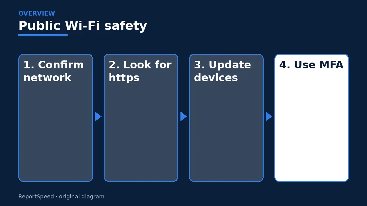 Overview diagram: Public Wi-Fi safety — Confirm network; Look for https; Update devices; Use MFA