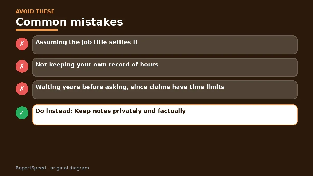 Callout graphic of common mistakes to avoid and what to do instead for I'm on salary. Am I exempt from overtime pay