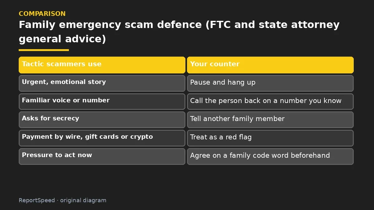 Comparison chart: Family emergency scam defence (FTC and state attorney general advice)
