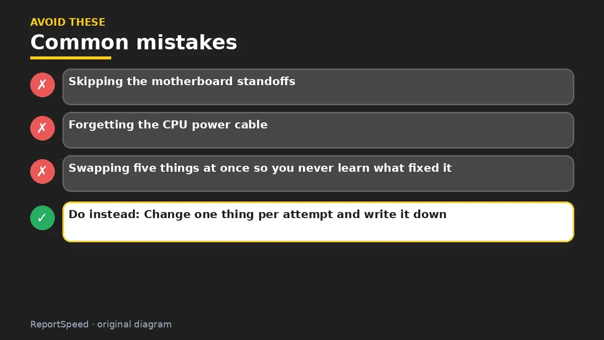 Callout graphic of common mistakes to avoid and what to do instead for New PC build won't POST