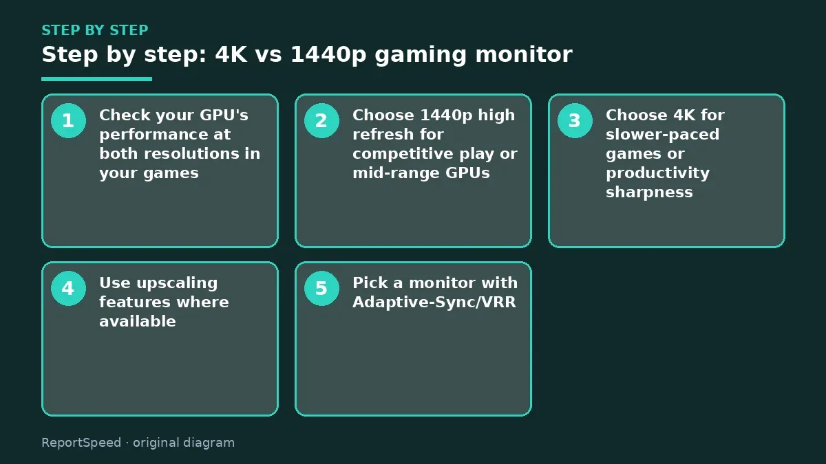 Step illustration: numbered steps for 4K vs 1440p gaming monitor