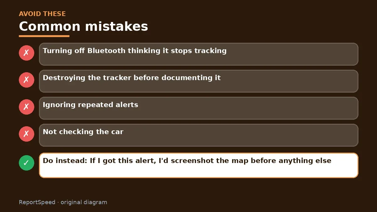 Callout graphic of common mistakes to avoid and what to do instead for Got an 'AirTag found moving with you' alert
