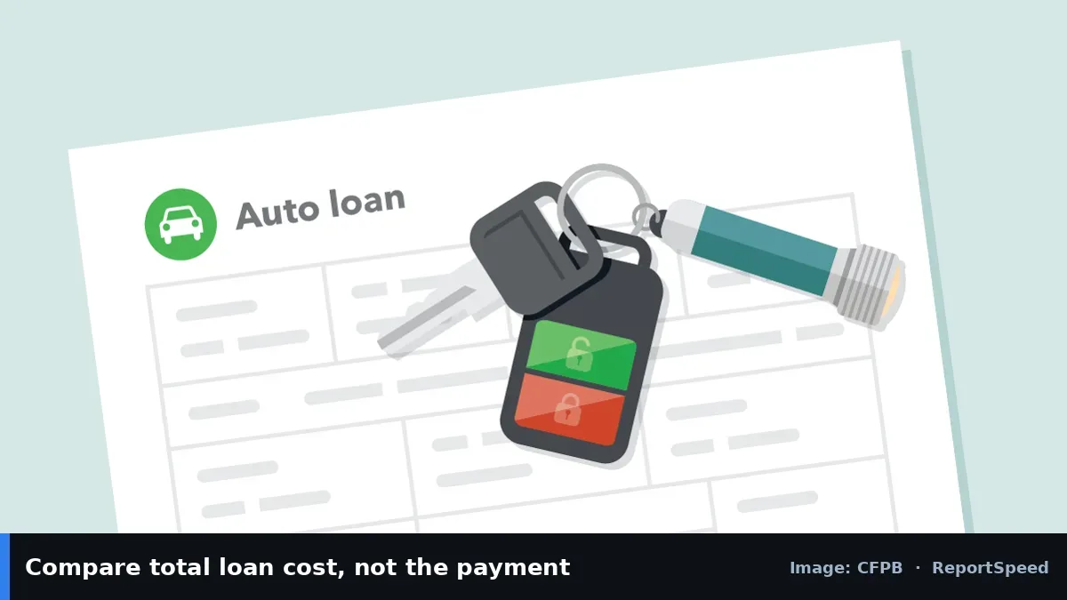 CFPB illustration of an auto loan form and car keys (CFPB official image), annotated: Compare total loan cost, not the payment