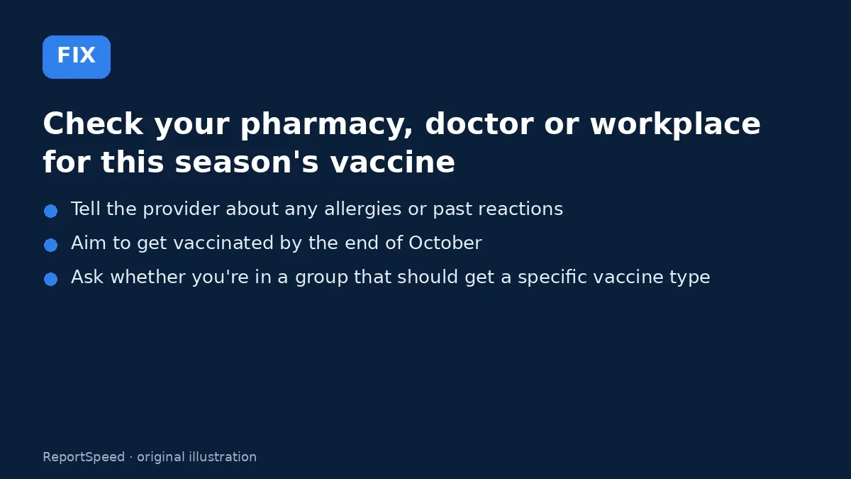 Fix steps: Check your pharmacy; Tell the provider about any allergies or past reactions; Aim to get vaccinated by the end of October