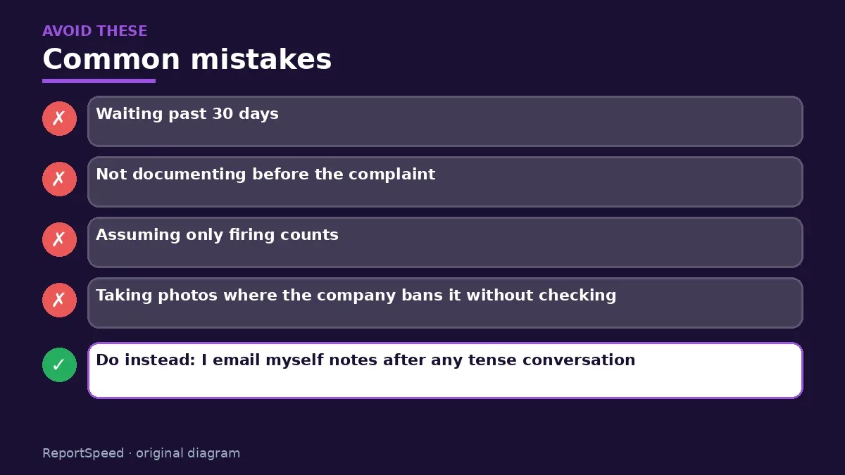 Callout graphic of common mistakes to avoid and what to do instead for Can I be fired for reporting a safety problem at work
