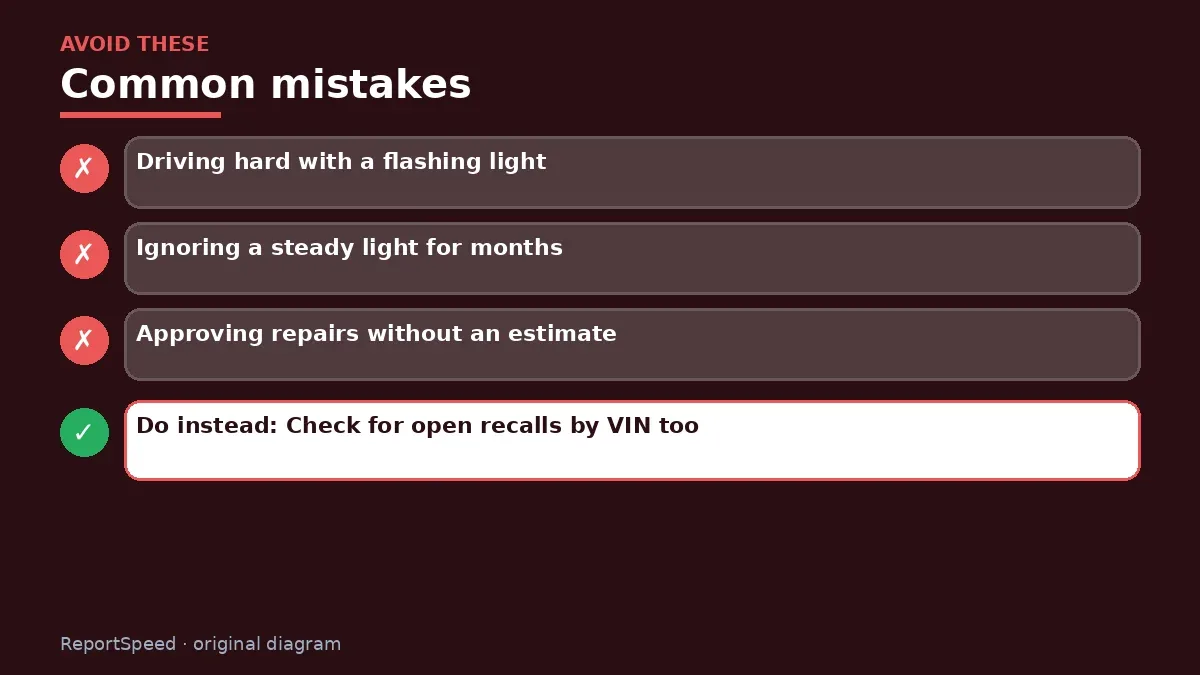 Callout graphic of common mistakes to avoid and what to do instead for Check engine light on