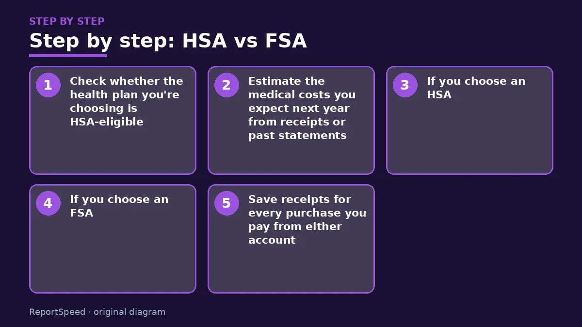 Step illustration: numbered steps for HSA vs FSA