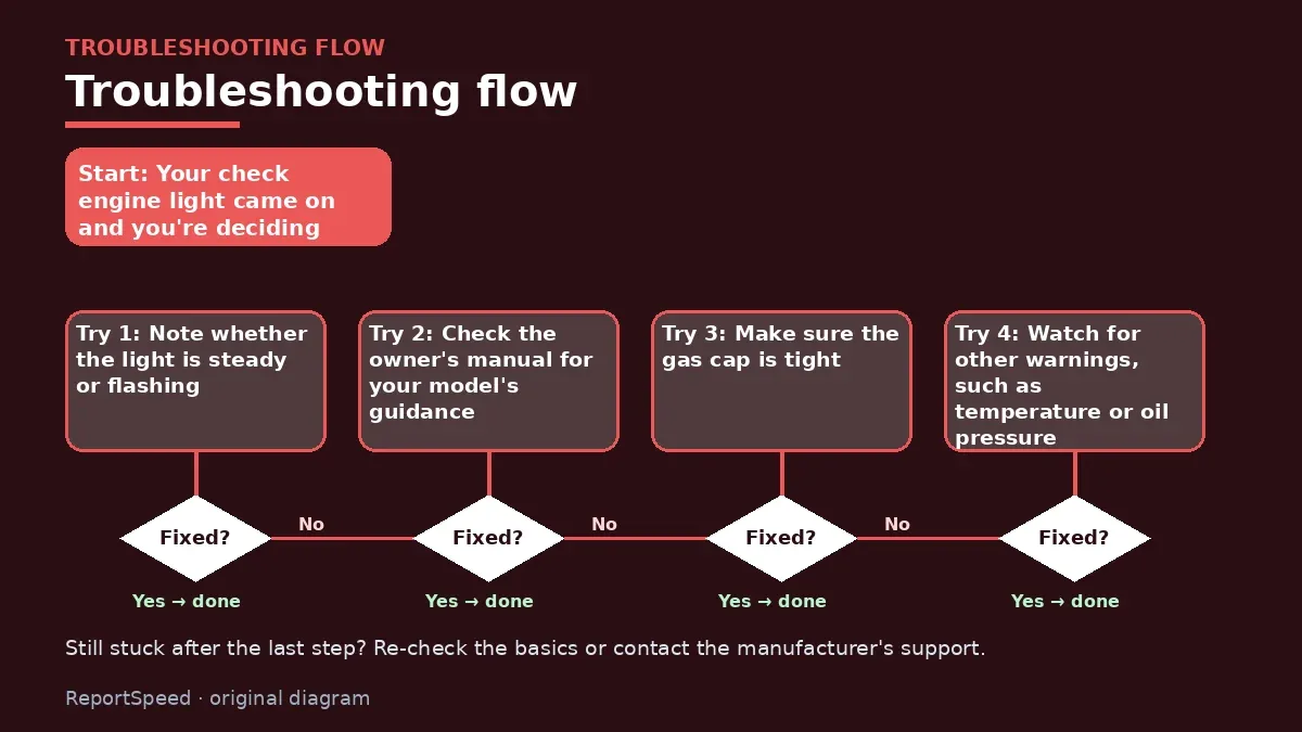 Troubleshooting flowchart: try each step in order and stop when it is fixed — Check engine light on