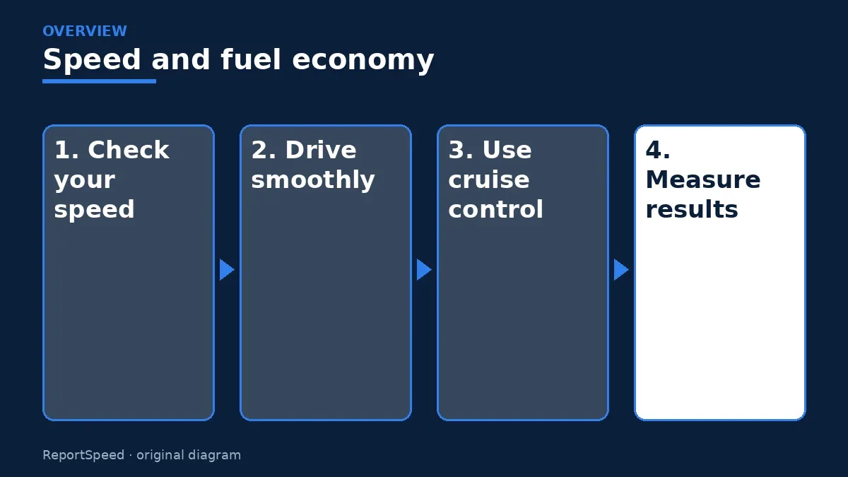Overview diagram: Speed and fuel economy — Check your speed; Drive smoothly; Use cruise control; Measure results