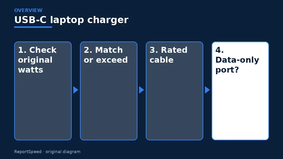 Overview diagram: USB-C laptop charger — Check original watts; Match or exceed; Rated cable; Data-only port?