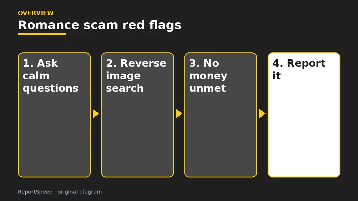 Overview diagram: Romance scam red flags — Ask calm questions; Reverse image search; No money unmet; Report it