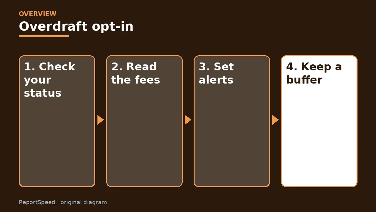 Overview diagram: Overdraft opt-in — Check your status; Read the fees; Set alerts; Keep a buffer