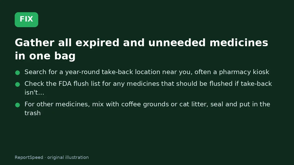 Fix steps: Gather all expired and unneeded medicines in one bag; Search for a year-round take-back location near you; Check the FDA flush list for any medicines that should be…