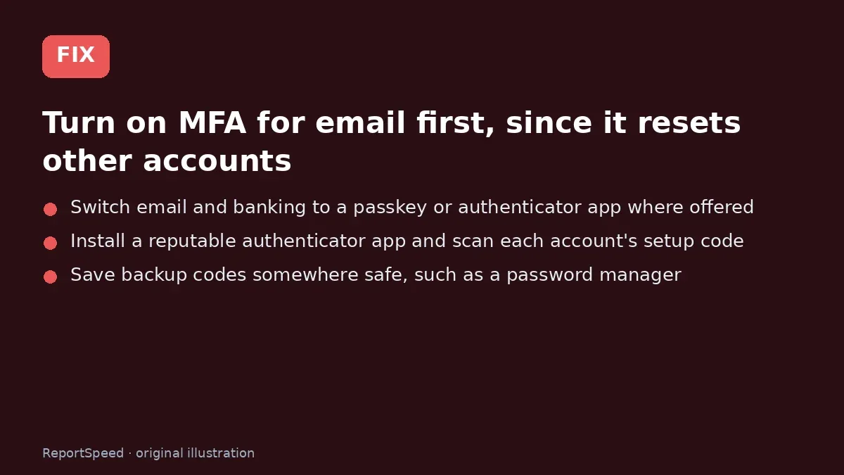 Fix steps: Turn on MFA for email first, since it resets other accounts; Switch email and banking to a passkey or authenticator app…; Install a reputable authenticator app and scan each…