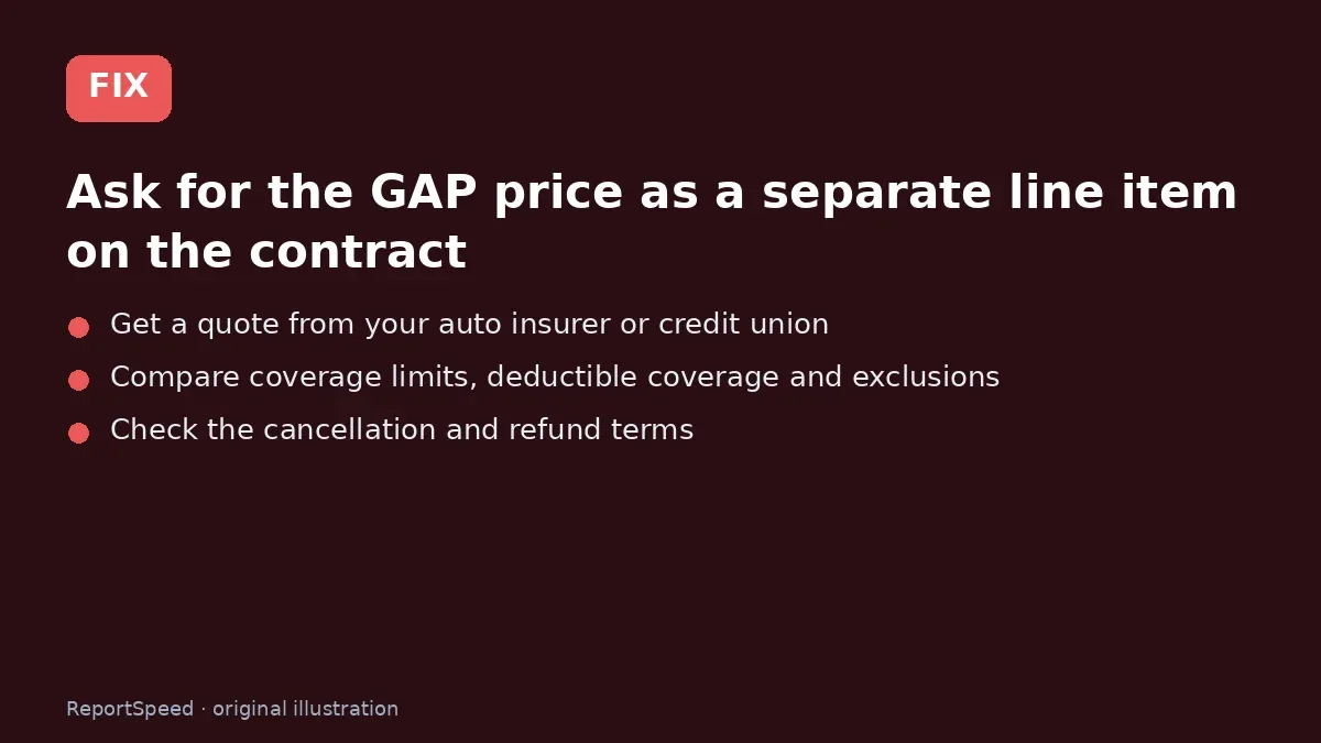 Fix steps: Ask for the GAP price as a separate line item on the…; Get a quote from your auto insurer or credit union; Compare coverage limits, deductible coverage and exclusions