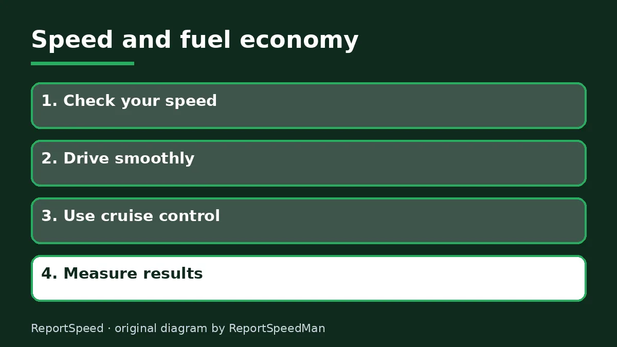 Diagram: Speed and fuel economy — Check your speed; Drive smoothly; Use cruise control; Measure results