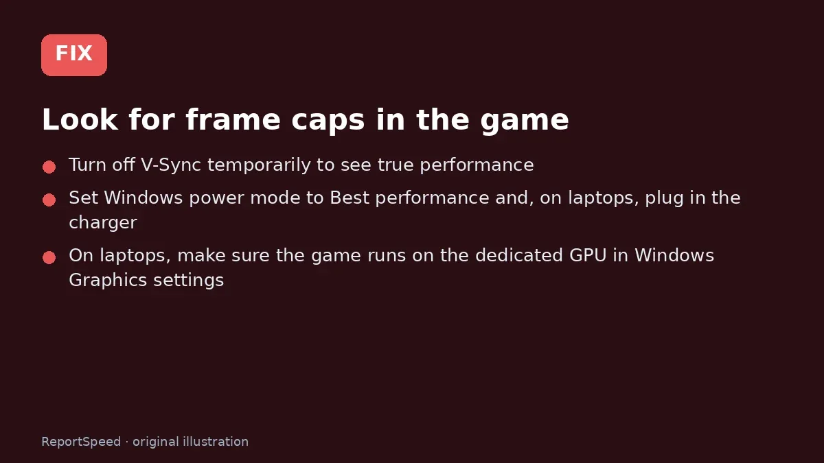 Fix steps: Look for frame caps in the game; Turn off V-Sync temporarily to see true performance; Set Windows power mode to Best performance and