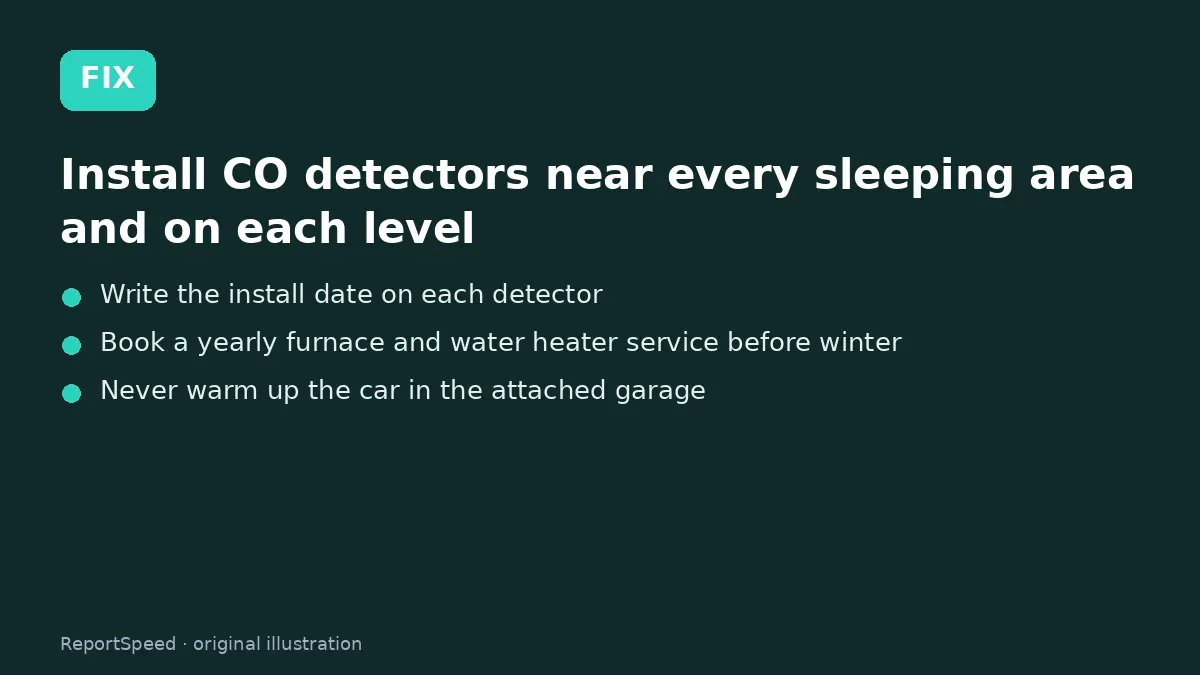 Fix steps: Install CO detectors near every sleeping area and on each…; Write the install date on each detector; Book a yearly furnace and water heater service before winter