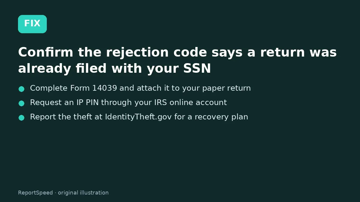 Fix steps: Confirm the rejection code says a return was already filed…; Complete Form 14039 and attach it to your paper return; Request an IP PIN through your IRS online account