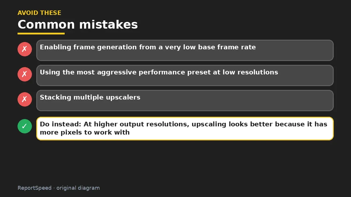 Callout graphic of common mistakes to avoid and what to do instead for DLSS vs FSR