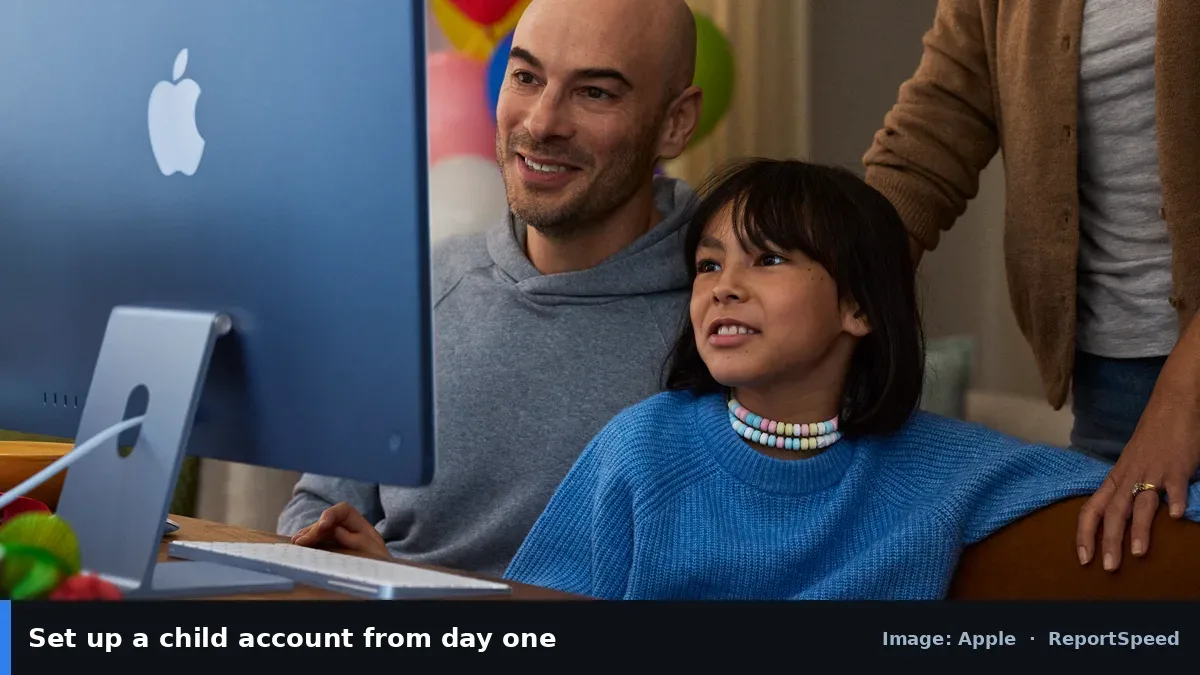 Apple photo of a family using a Mac together (Apple official image), annotated: Set up a child account from day one