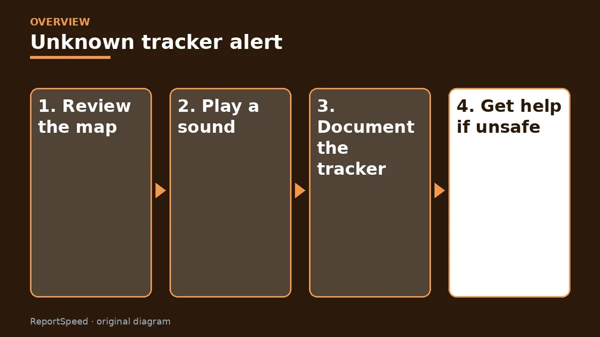 Overview diagram: Unknown tracker alert — Review the map; Play a sound; Document the tracker; Get help if unsafe