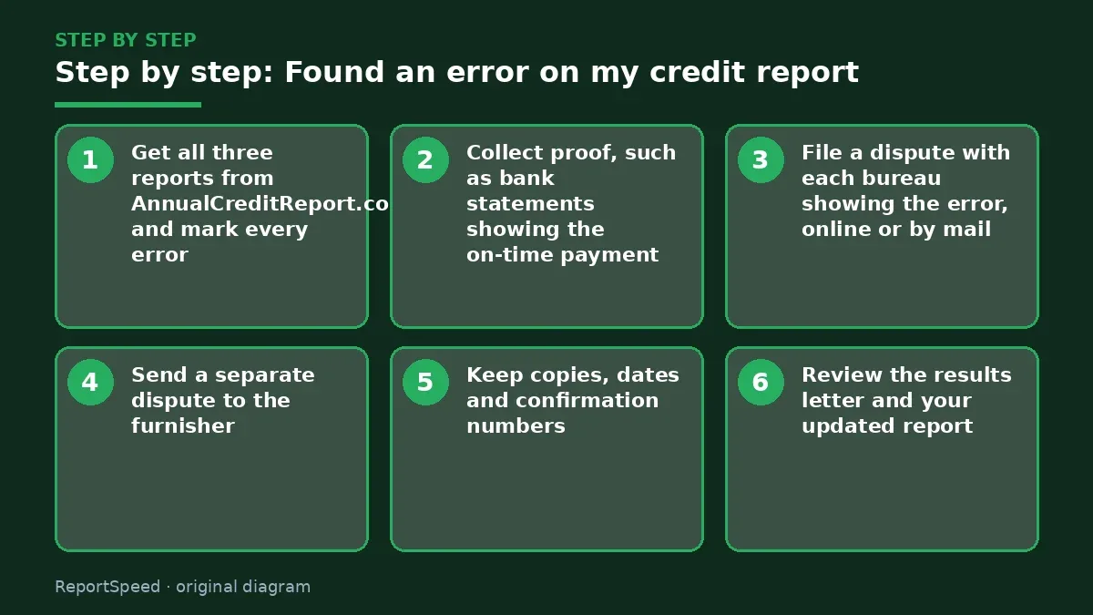 Step illustration: numbered steps for Found an error on my credit report