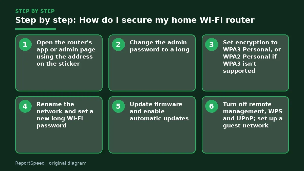 Step illustration: numbered steps for How do I secure my home Wi-Fi router
