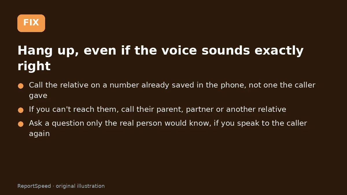 Fix steps: Hang up, even if the voice sounds exactly right; Call the relative on a number already saved in the phone; If you can't reach them