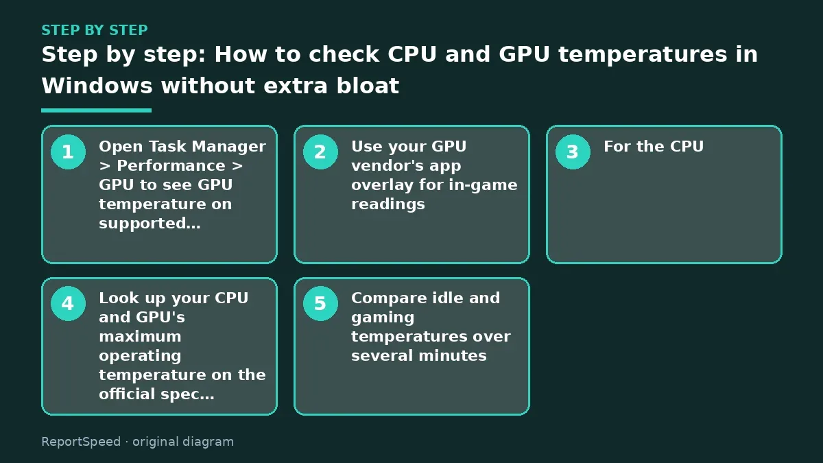 Step illustration: numbered steps for How to check CPU and GPU temperatures in Windows without extra bloat