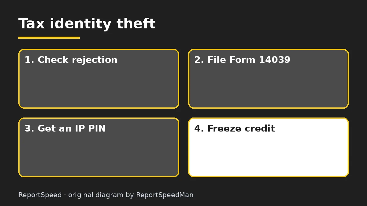 Diagram: Tax identity theft — Check rejection; File Form 14039; Get an IP PIN; Freeze credit