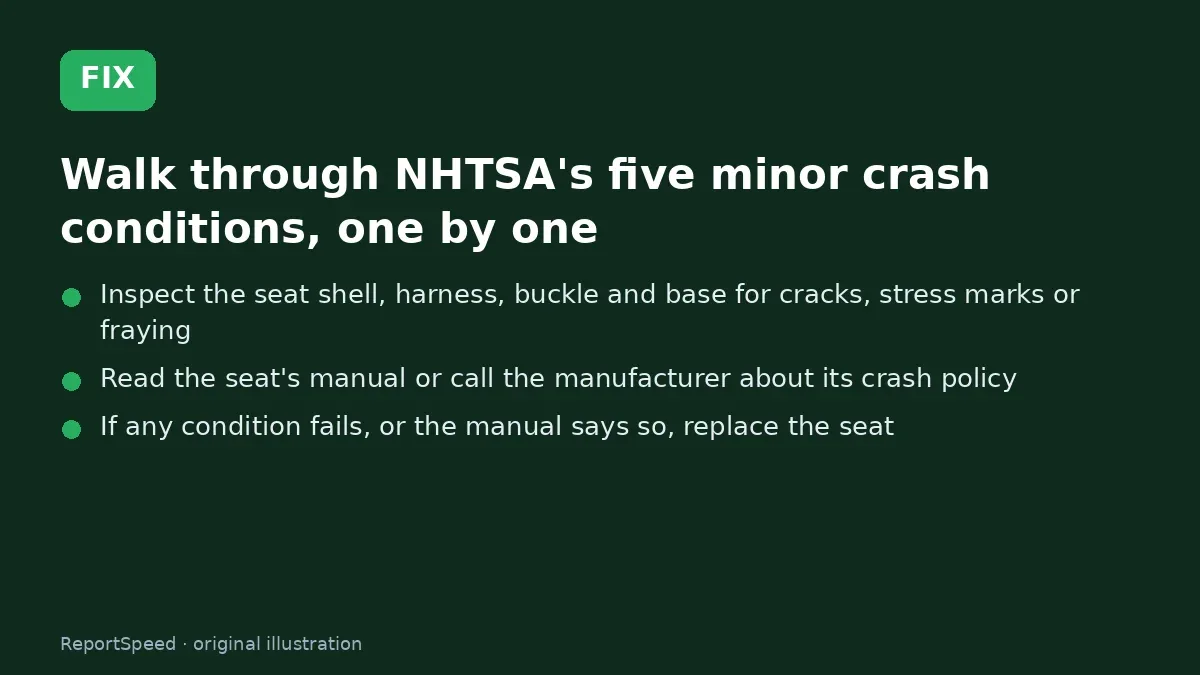 Fix steps: Walk through NHTSA's five minor crash conditions, one by one; Inspect the seat shell; Read the seat's manual or call the manufacturer about its…