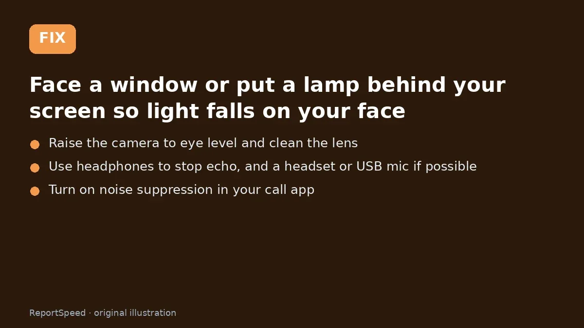 Fix steps: Face a window or put a lamp behind your screen so light…; Raise the camera to eye level and clean the lens; Use headphones to stop echo