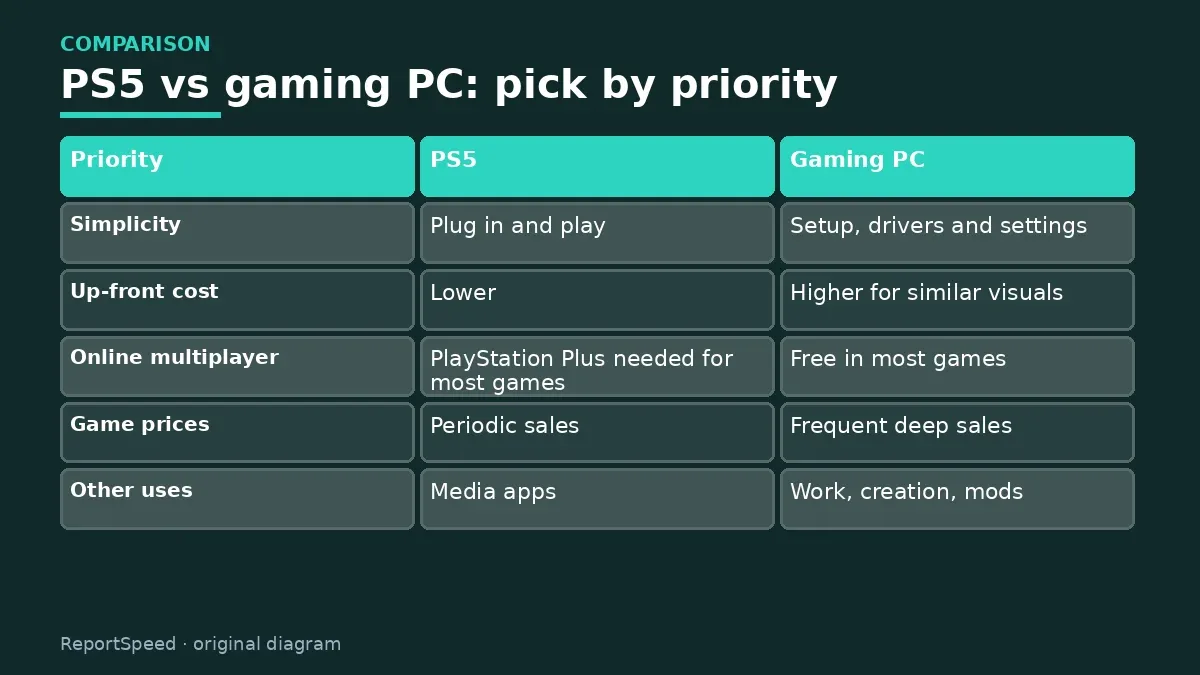 Comparison chart: PS5 vs gaming PC: pick by priority