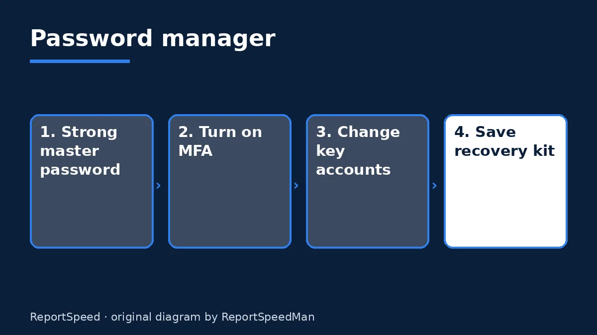 Diagram: Password manager — Strong master password; Turn on MFA; Change key accounts; Save recovery kit