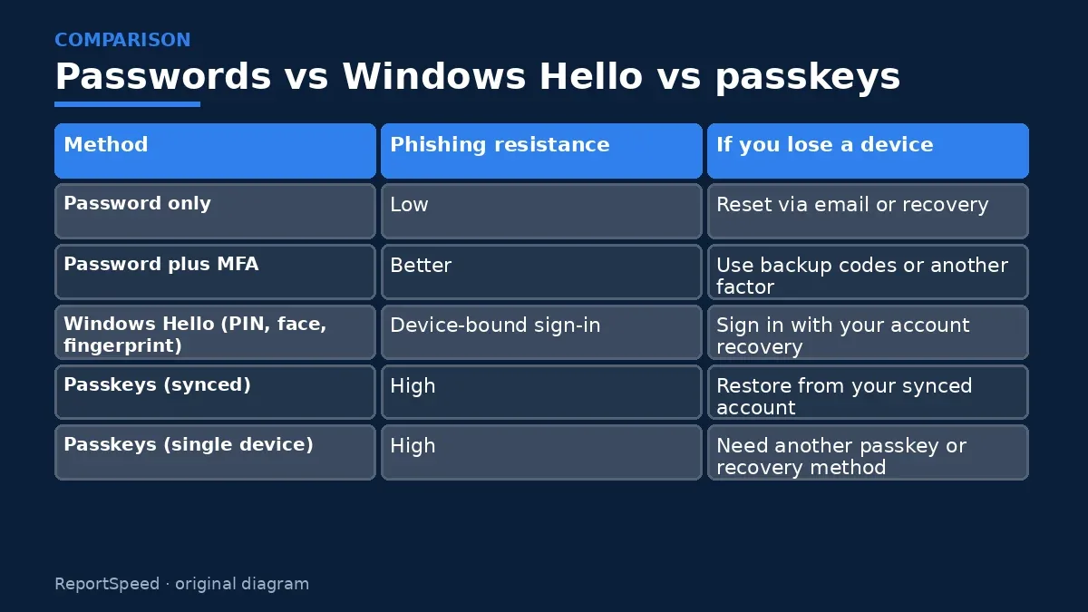 Comparison chart: Passwords vs Windows Hello vs passkeys